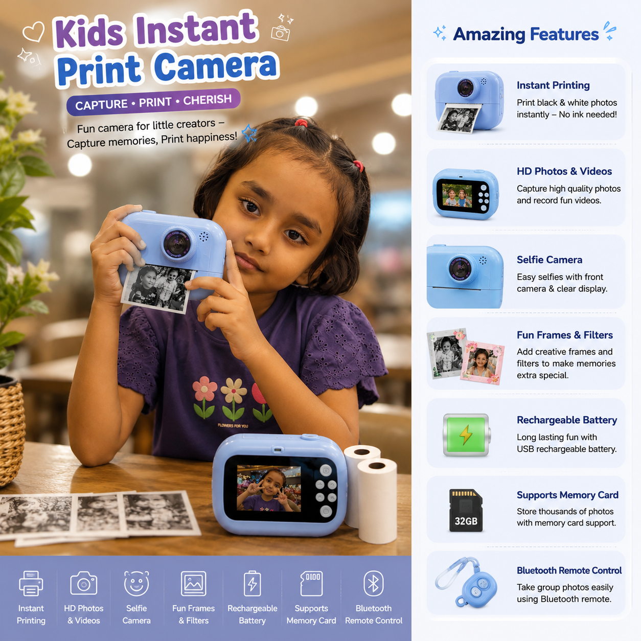 Kids instant print camera with built-in printer