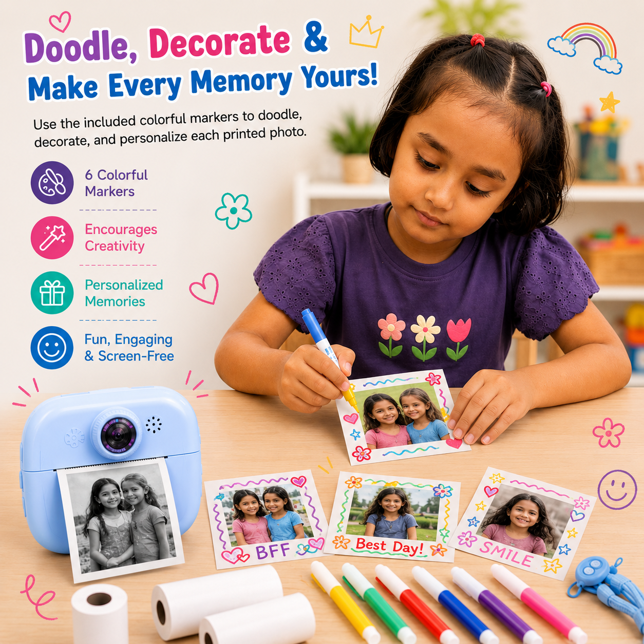 Kids instant print camera with built-in printer