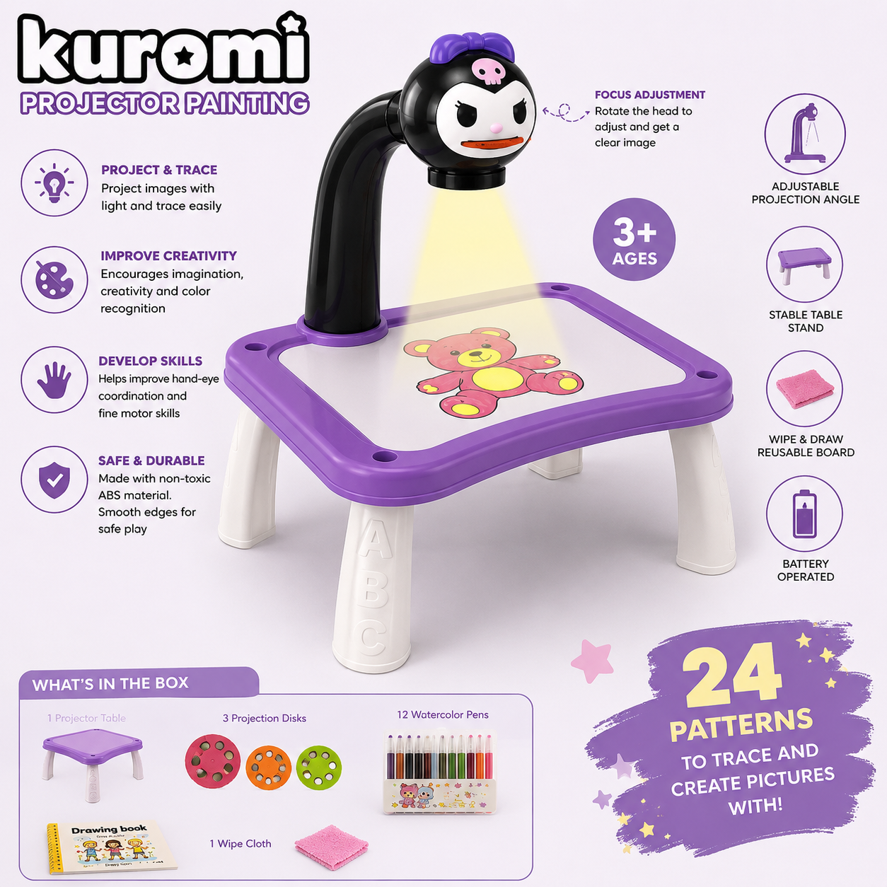kids drawing projector with coloring pens and drawing book