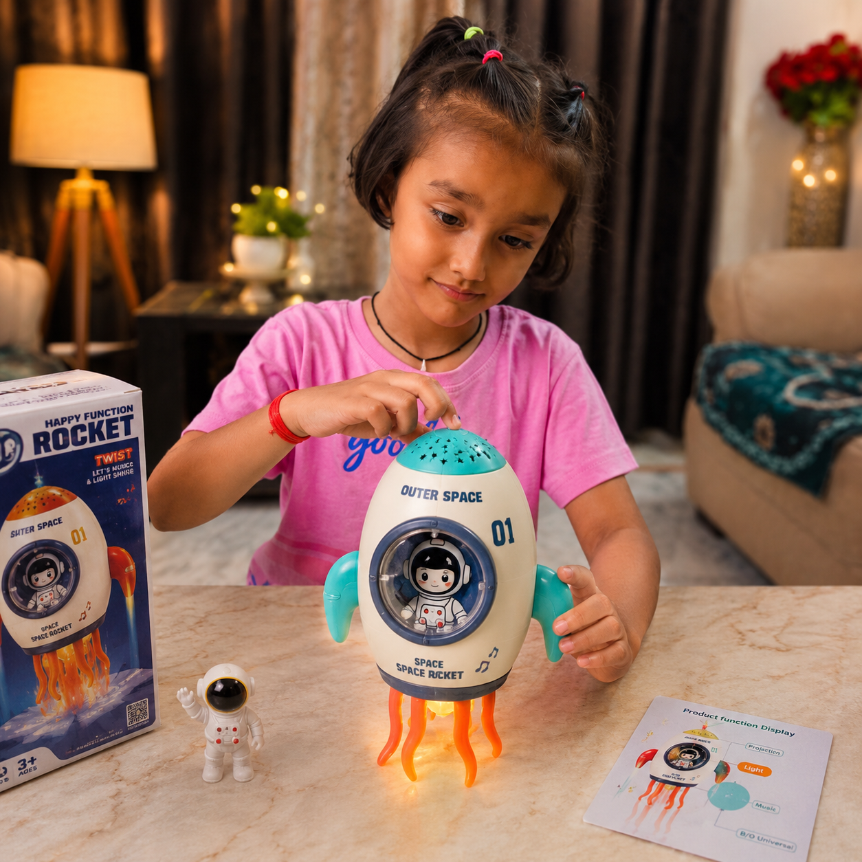 child playing with crawling musical rocket toy