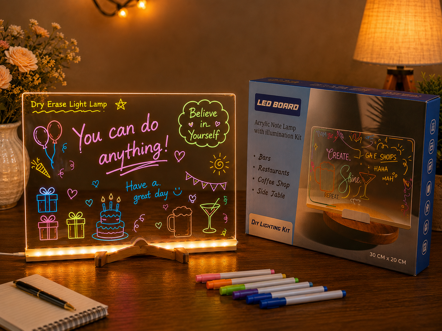 LED writing board with pen and stand