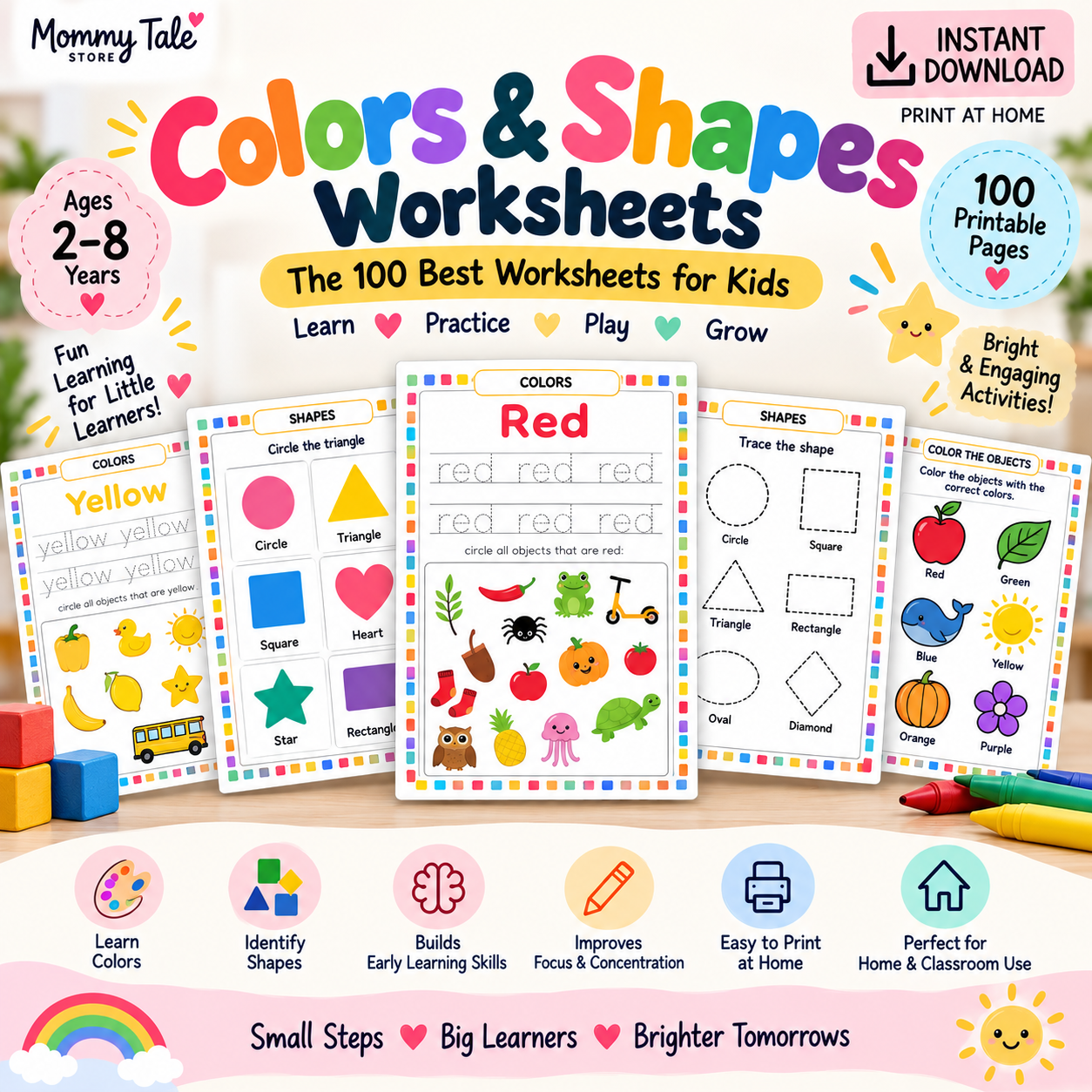 Colors & Shapes Worksheets printable PDF pack for kids ages 2-4 - sample color and shape matching pages