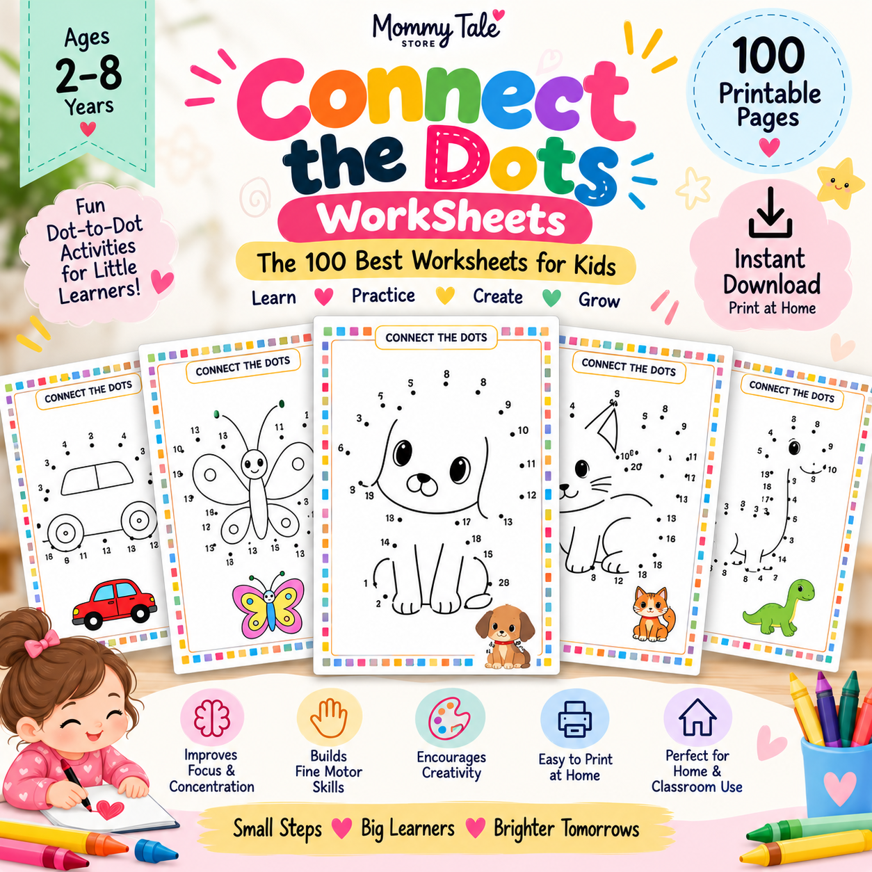 Connect the Dots Worksheets printable PDF pack for kids ages 4-7 - sample letter and number dot-to-dot pages