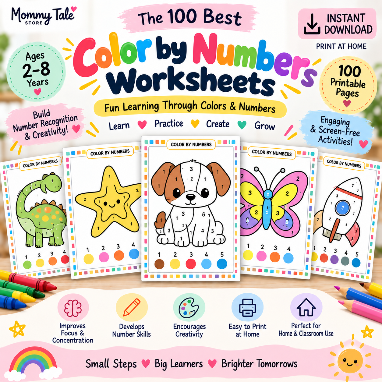 Color by Numbers Worksheets printable PDF pack for kids ages 4-6 - sample color-by-number pages