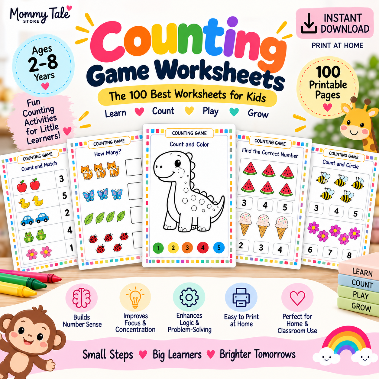 Counting Game Worksheets printable PDF pack for kids ages 3-6 - sample count-and-connect pages