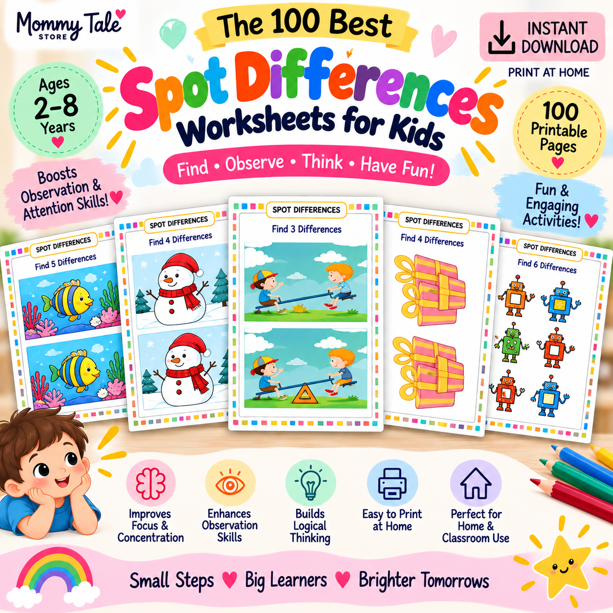 Spot the Difference Worksheets printable PDF pack for kids ages 4-7 - sample spot-the-difference pages