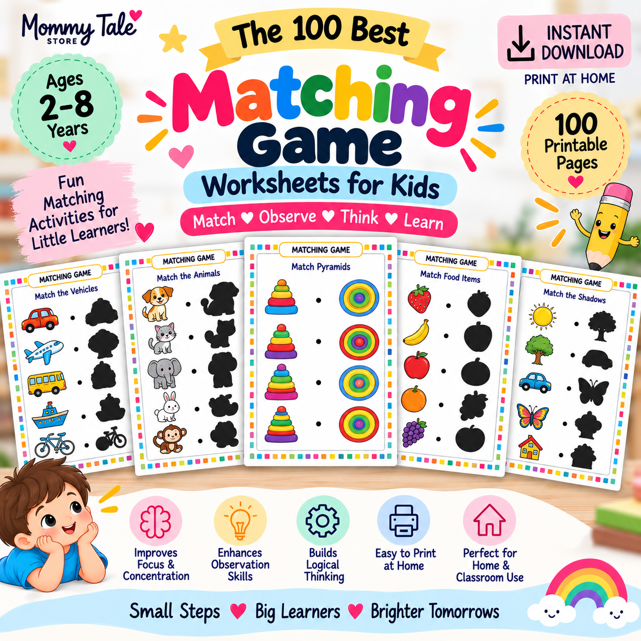 Matching Game Worksheets printable PDF pack for kids ages 3-6 - sample draw-a-line matching pages
