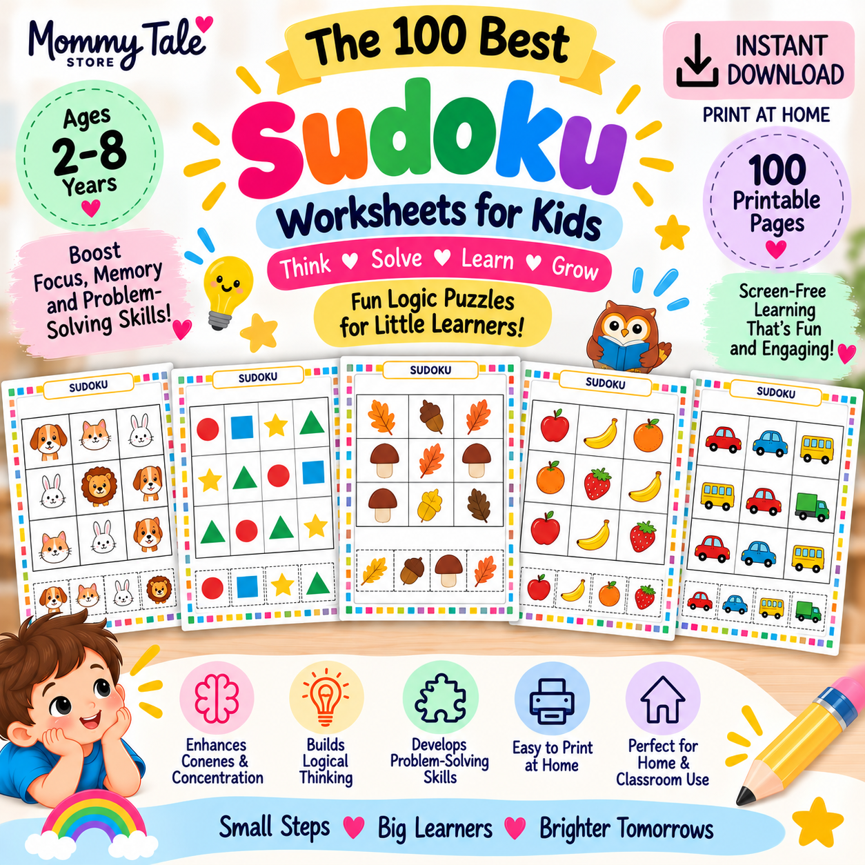 Kids Sudoku Worksheets printable PDF pack for kids ages 5-7 - sample picture sudoku pages