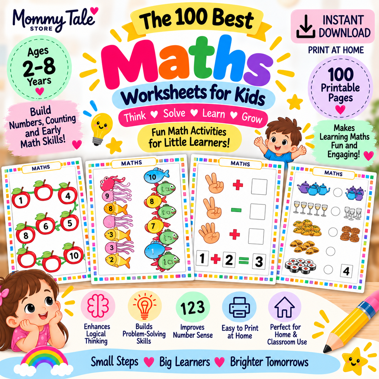 Maths Worksheets printable PDF pack for kids ages 4-7 - sample picture addition and subtraction pages