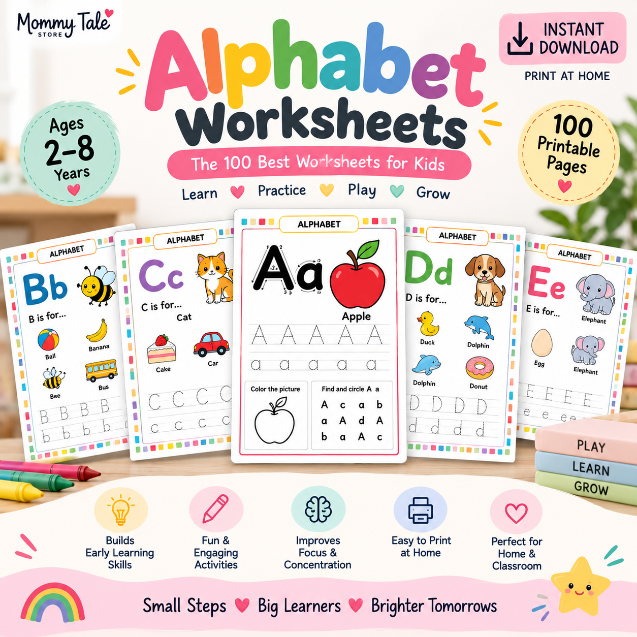 Alphabet Worksheets printable PDF pack for kids ages 2-5 - sample tracing and shadow-matching pages